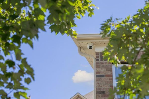 White dome security camera mounted on a brick house under a blue sky