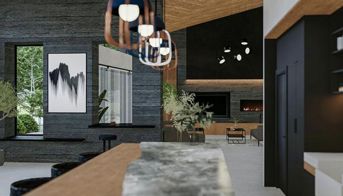 Modern luxury interior with sleek furniture and pendant lighting